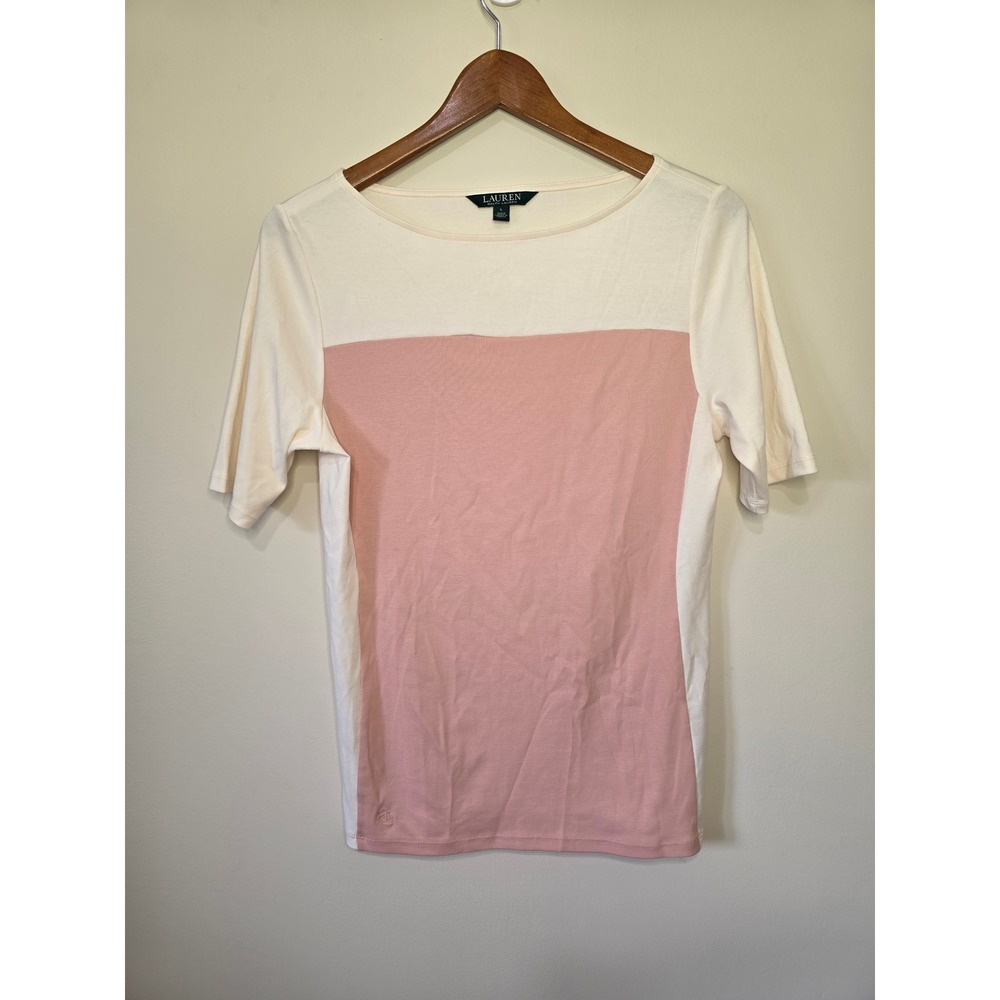 Lauren Ralph Lauren Top Womens Large Pink Cream Colorblock Classic Boat Neck